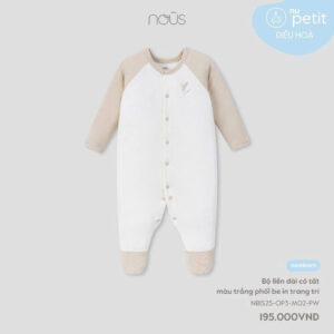Nous Newborn Bộ bodysuit sơ sinh cho bé gái, bé trai, Nu Petit, body liền thân dài tay có tất màu trắng phối be