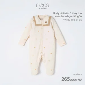 Nous Newborn Bộ newborn bodysuit Nous sơ sinh, Body dài tất cổ thủy thủ màu be in họa tiết gấu