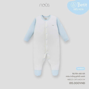 Nous Newborn bộ bodysuit, bộ liền dài chất liệu Nous Petit màu trắng phối xanh có tất